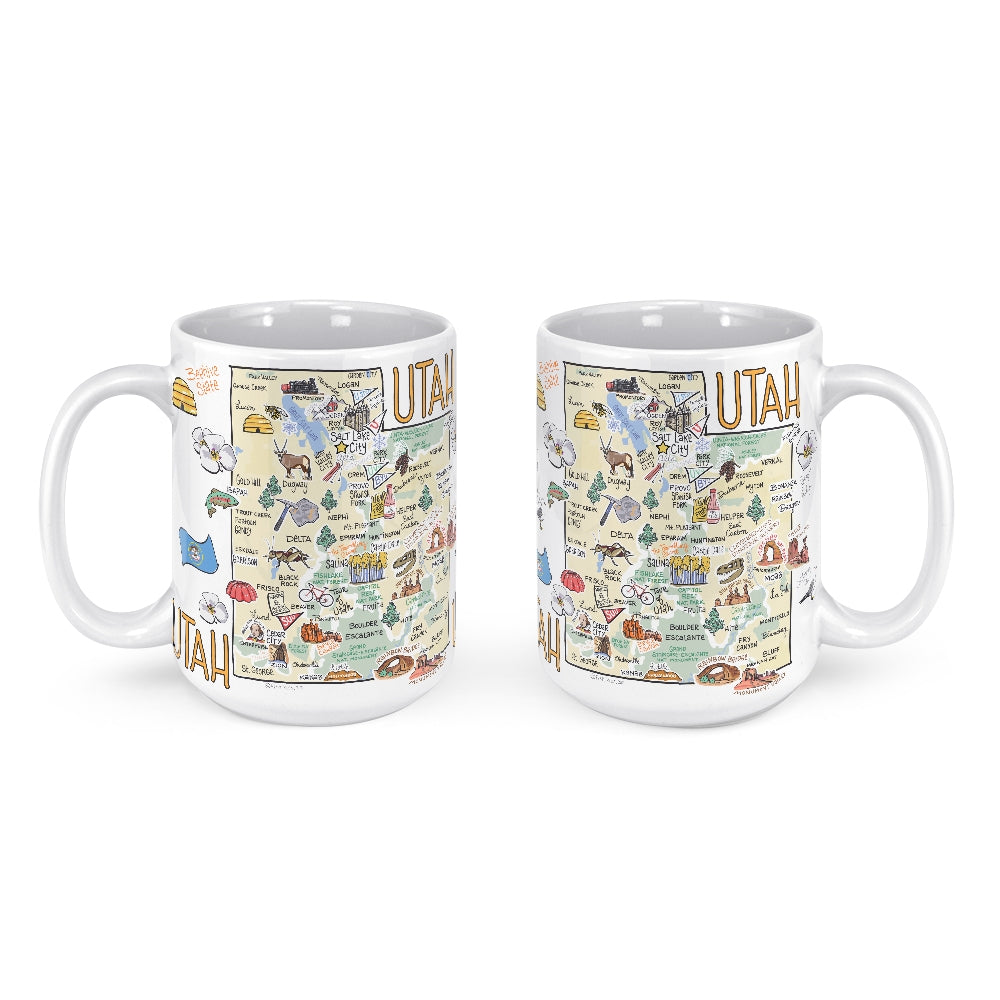 We have teamed up with Artist, Anne Klein, to have her artwork on a cozy mug! Bring the comfort of home with you as you sip from this large 15 oz. mug. This ceramic white mug has a glossy finish and is designed/printed in the U.S.A. The Utah design is a full wrap-around print. Dishwasher Safe.