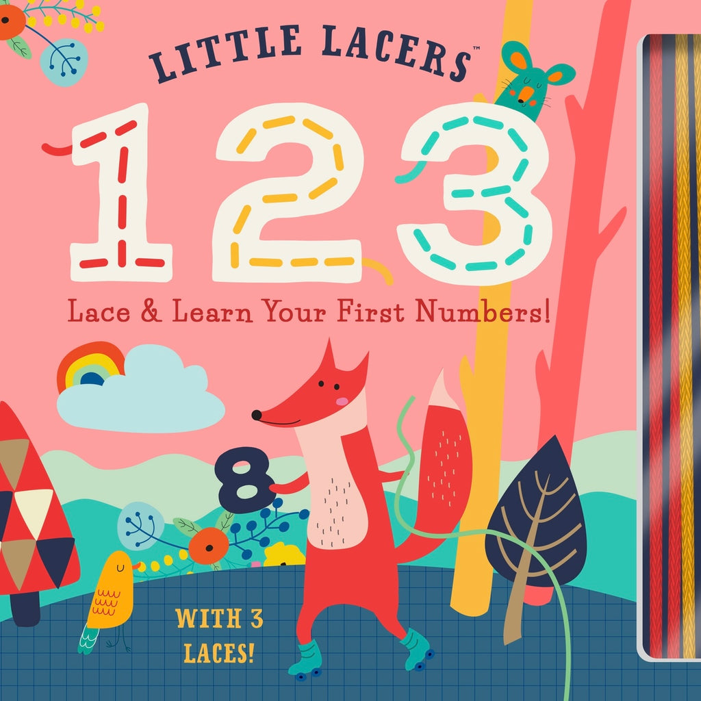 Little Lacers: 123 combines the fun of lacing cards with the portable convenience of a book! Seven lacing cards—each cut into shapes from the numbers 1 through 10—are bound together into this colorful book adorned with delightful woodland characters and scenes. Using three colored shoelaces, children can learn the numbers 1 through 10 by lacing the holes cut around each large number. No lost cards, no bulky boxes—just hours of number-lacing fun!