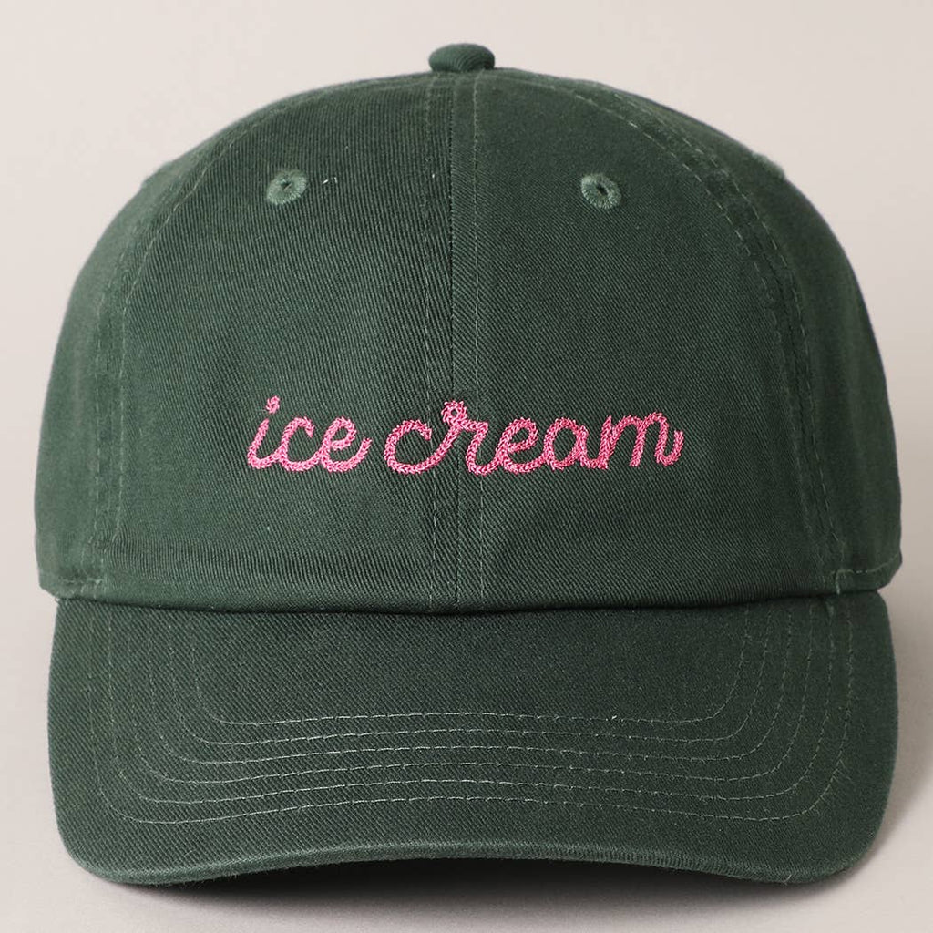 Get ready to scoop up some style with our Ice Cream Embroidered Baseball Cap! With “ice cream” embroidered in bold pink, this cap is the perfect accessory for any casual outfit. Keep cool and have some fun in this quirky and playful addition to your wardrobe. (No sprinkles included, unfortunately.)