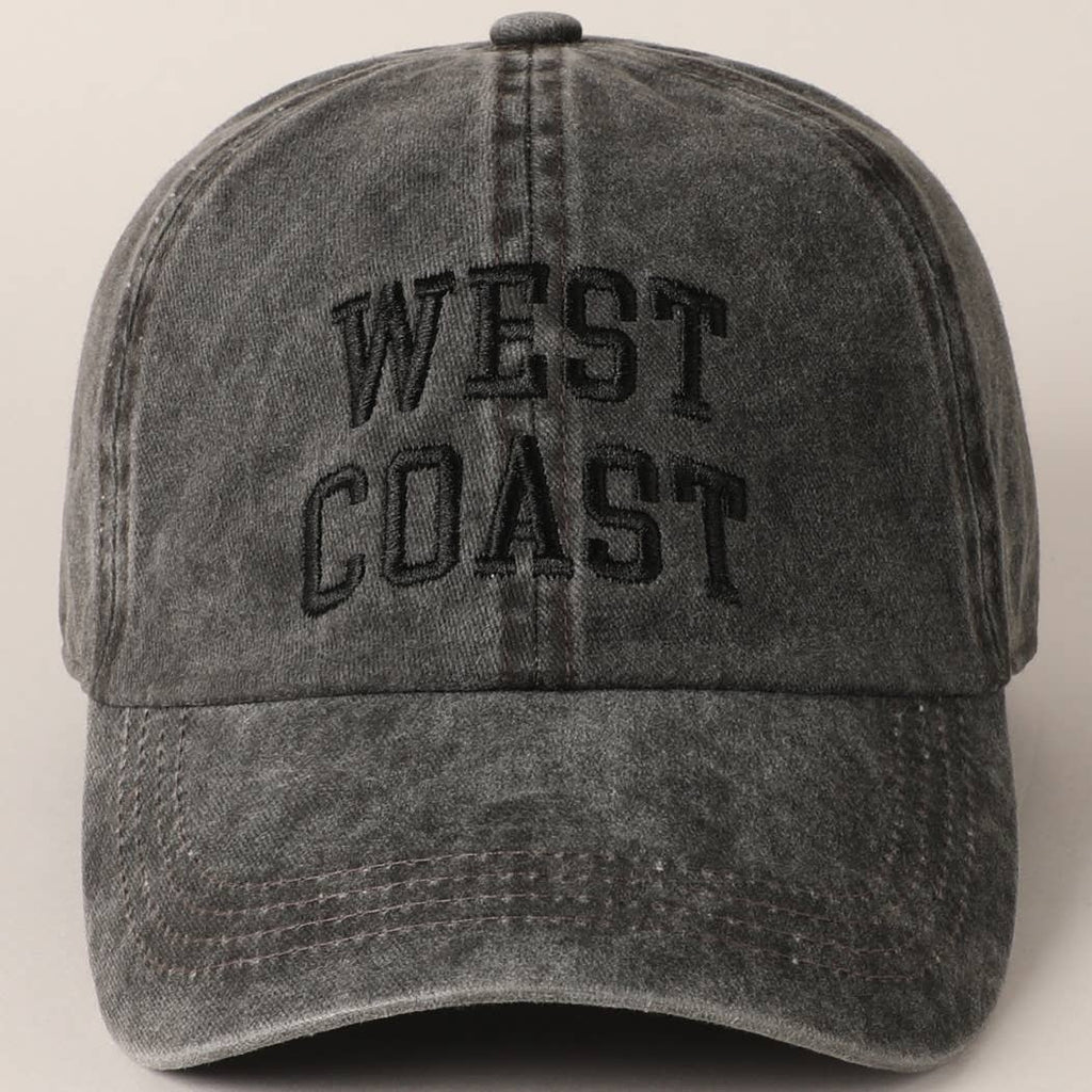 Get ready to represent the west coast with this black embroidered baseball cap. Washed black color and dark black lettering give it a stylish edge, perfect for any casual outfit. Show off your playful side with the "west coast" embroidery.