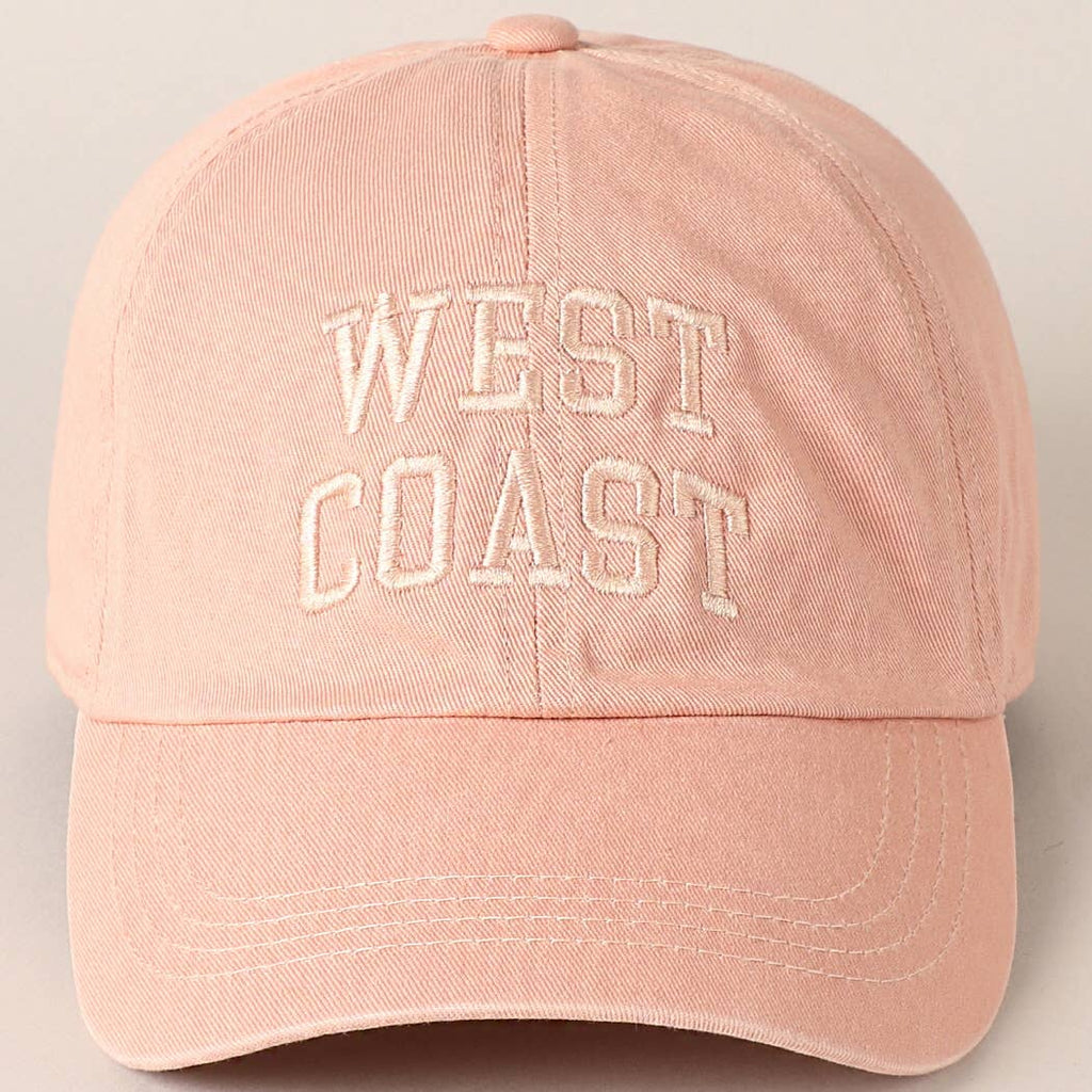 Get ready to represent the west coast with this soft pink embroidered baseball cap! Washed pink color and light pink lettering give it a stylish edge, perfect for any casual outfit. Show off your playful side with the "west coast" embroidery.