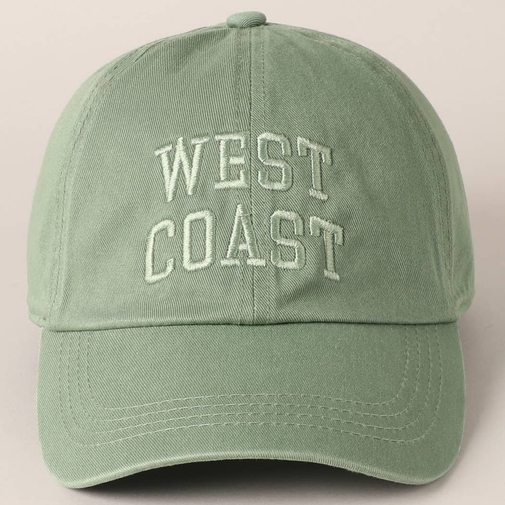 Get ready to represent the west coast with this embroidered baseball cap! Soft sage color with slightly darker lettering give it a stylish edge, perfect for any casual outfit. Show off your playful side with the "west coast" embroidery.