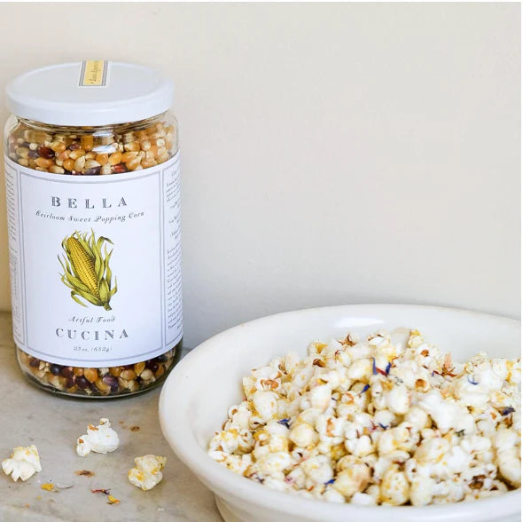 Dating back to the native American indians, this popcorn is a sweet heirloom variety harvested in Georgia using traditional methods. Heirloom popping corn kernels are smaller than the kind you would find at your grocery store, yielding more flavor and sweetness from the grain. Make our favorite recipe for Olive Oil popcorn seasoned with Bella Cucina Wild Oregano &  Sage or Rosemary & Lavender Salts and you have a savory snack that is both delicious and healthy.