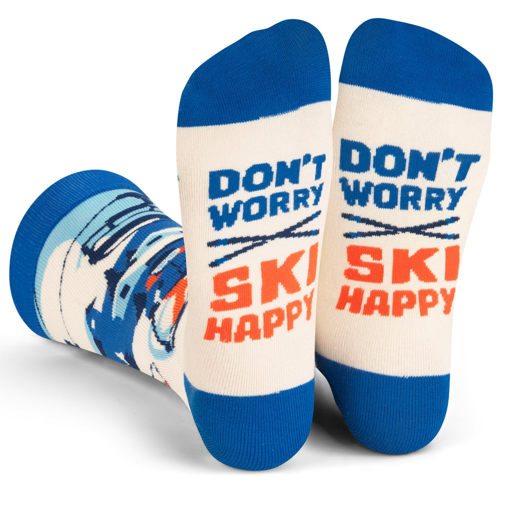 Step into the thrilling world of skiing with our "Don't Worry, Ski Happy" themed socks! These socks are a playful tribute to the joy and excitement of hitting the slopes. Featuring a fun design of skiers in action and a positive message to keep you motivated on the slopes, these socks will bring a smile to your face every time you put them on. Crafted from a soft and cozy cotton/nylon blend.