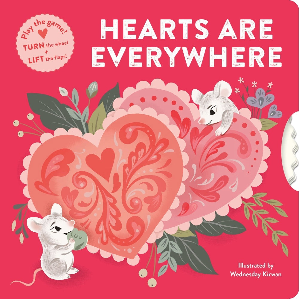 Hide-and find-hearts for Valentine's Day or any day! Just turn the wheel, lift the flaps, and play!

First, turn the wheel to hide the heart, then lift the flaps to find it in this delightful activity book for curious kids.

An interactive wheel hides brightly colored hearts across a variety of sweet scenes. After the heart is hidden, it's time to guess where it is. Lift the flap for the reveal in this game-in-a-book, then play again (and again) for hours of heartfelt fun!