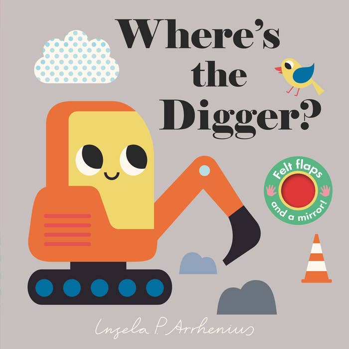 Five beautifully illustrated spreads show a series of vehicles you might see on a construction site, including a bulldozer, a mixer, a dump truck, and a digger, all hiding behind bright felt flaps. With a mirror on the final page, this is the perfect book to share with very little ones.