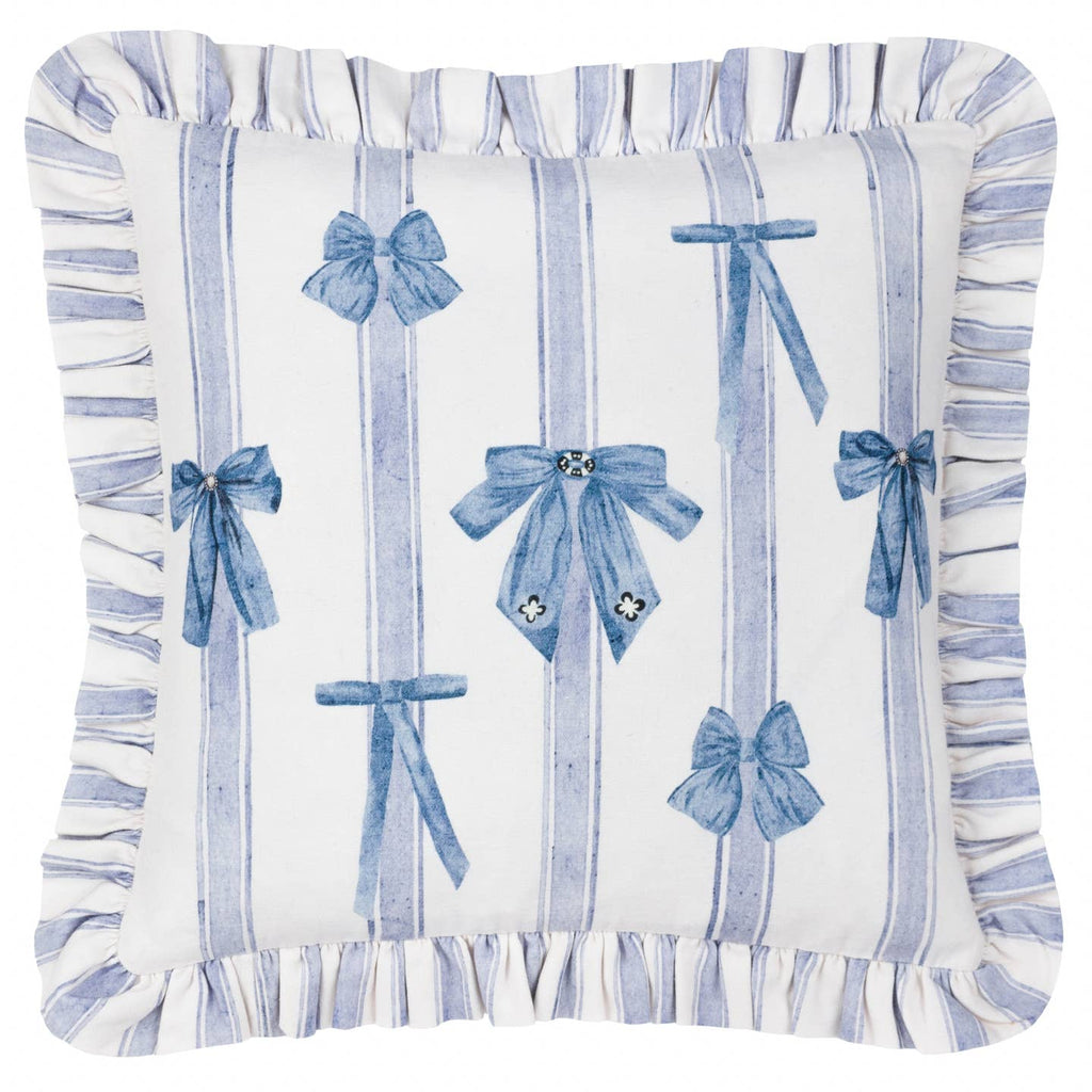 he Noortje Ruffle Bows Cushion features a beautiful Parisian stripe and bow design printed onto soft cotton. Complete with a striped reverse for versatile styling and a ruffled frill-trim, this cushion is the epitome of elegance. The perfect accent for any stylish space.