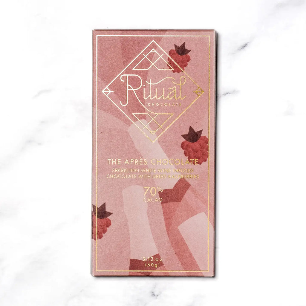 This bar is the perfect celebratory treat—the tasting notes of sparkling white wine infused cacao complement the sweet tartness of the raspberries. Whether you’re celebrating the end of a day on the ski hill, toasting a birthday, or cheering at midnight on New Year’s Eve, this bar is sure to bring you cheer & chocolate. This bar is best paired with a long day in the mountains.