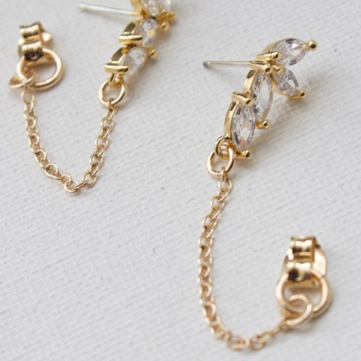 Cubic Zirconia marquise stud drop with gold filled chain loop.