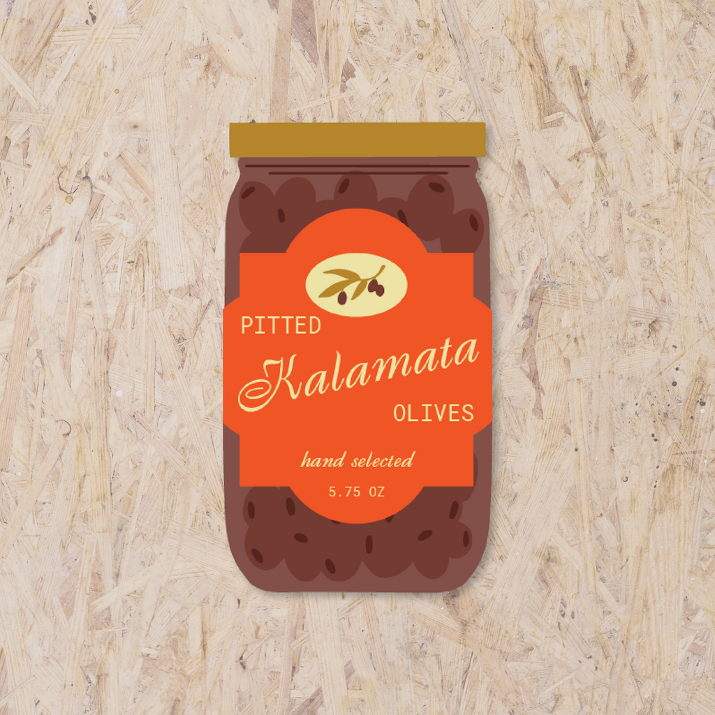 Kalmata olive jar shaped sticker reading "pitted kalamata olives, hand selected, 5.75 oz"