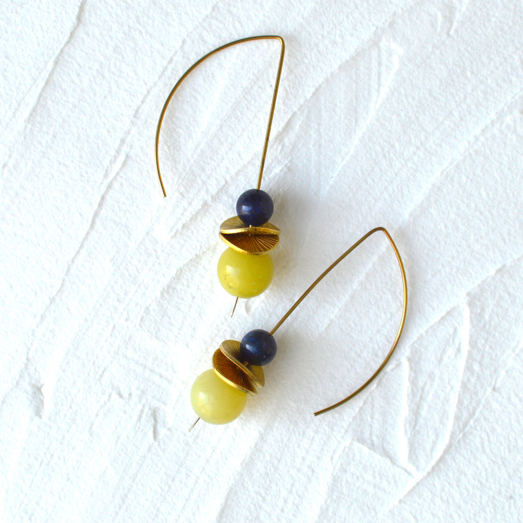 Yellow w/ Blue Accent bead on a drop crescent ear wire