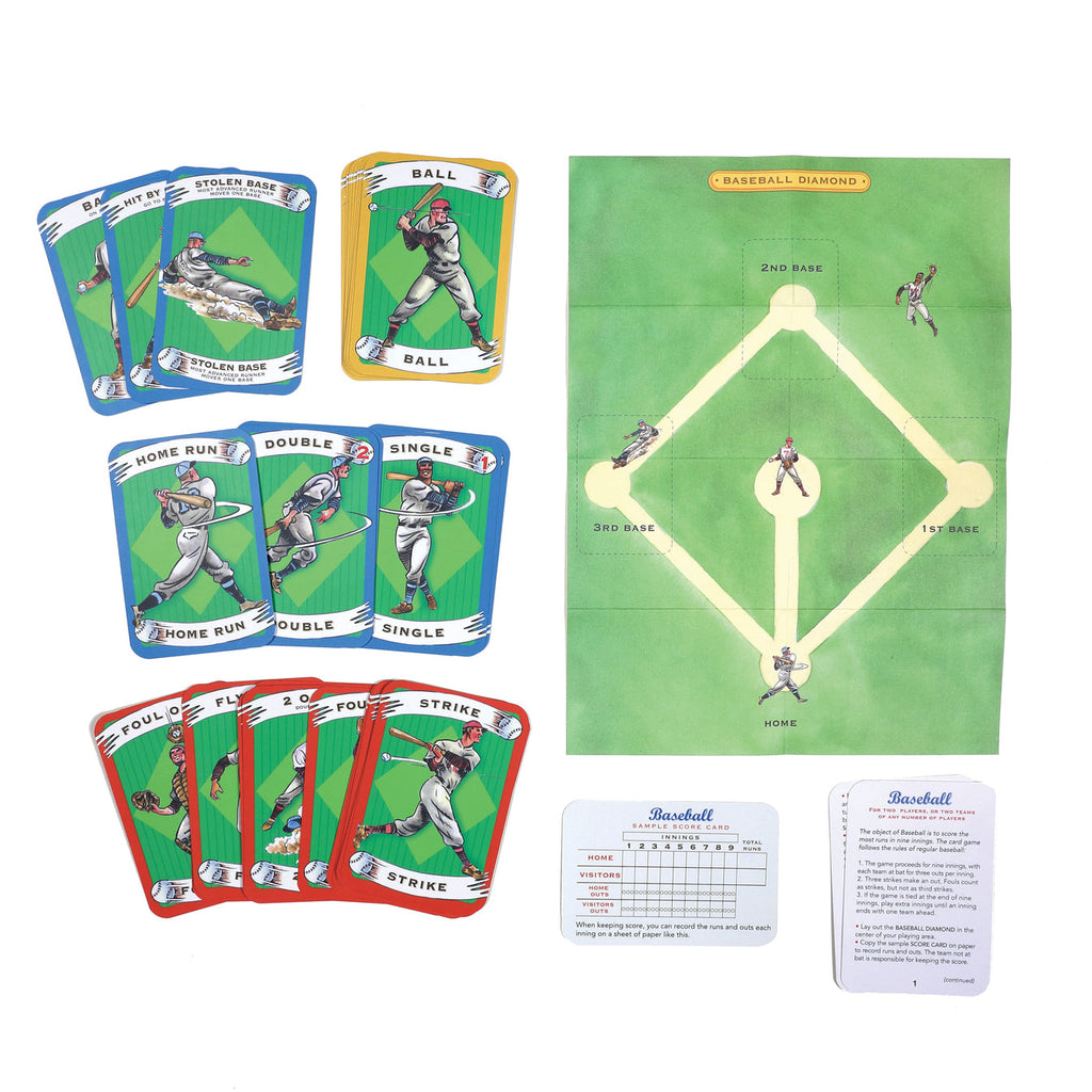 Baseball Card Game is one for the ages! A classic American pastime that everyone knows the rules to. This game is played with cards that when turned over give you the next play action – ball, strike, homerun, and all the other baseball actions while your team is up to bat. Get creative using pennies or jellybeans as players to bring this game to life. Perfectly sized to tuck into a bag for road trips.