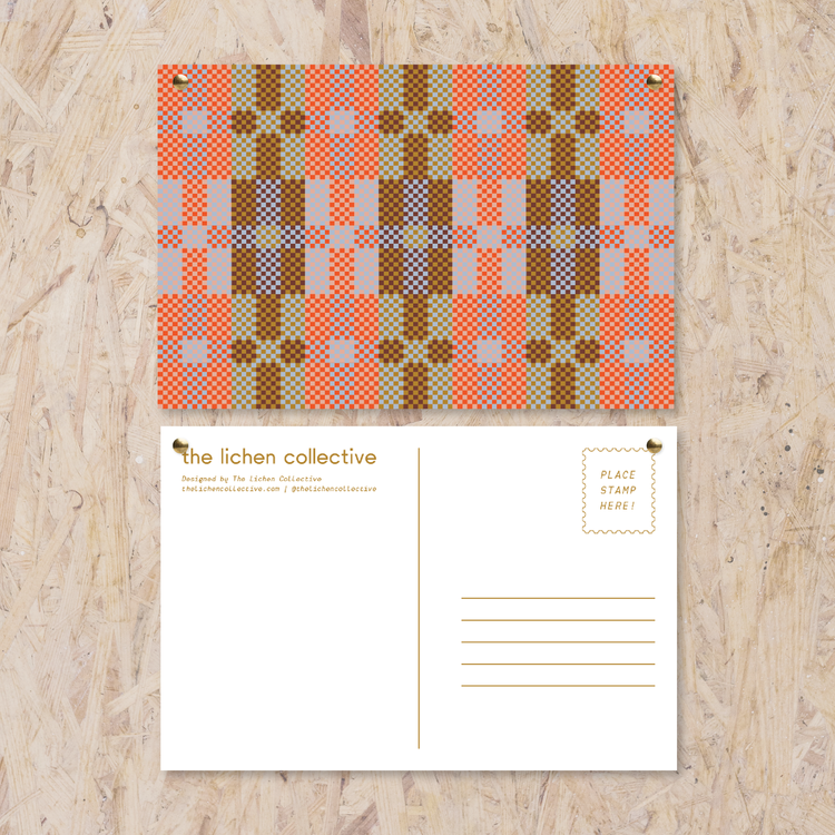 colorful pixel plaid postcard - red, pink, brown, green, and blue