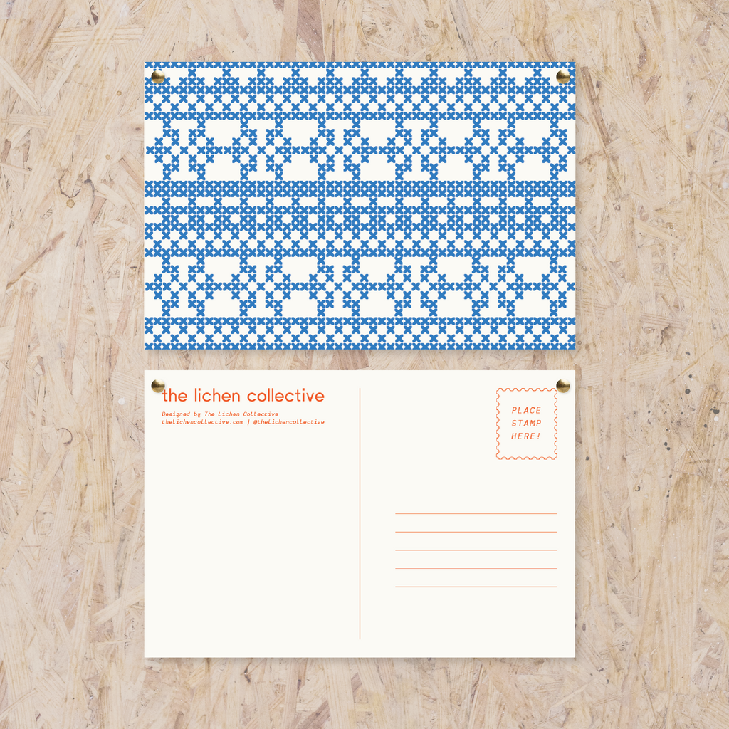 blue and white stitched pattern postcard