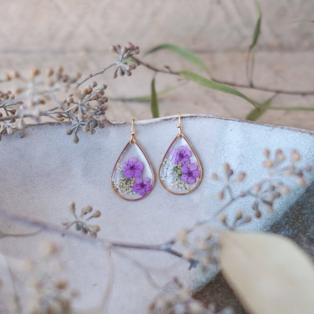 purple forget me not pressed flower droplet earrings