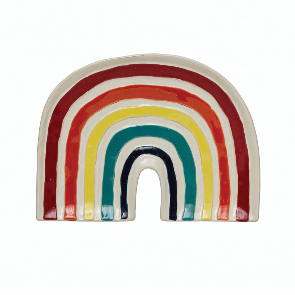 Multicolor hand-painted stoneware rainbow plate. Add a cheerful touch to any tablescape with this vibrant plate. Made from 100% stoneware. Curate a space that reflects your unique sense of style with intentionally designed home décor. 9-1/2"L x 6-3/4"W