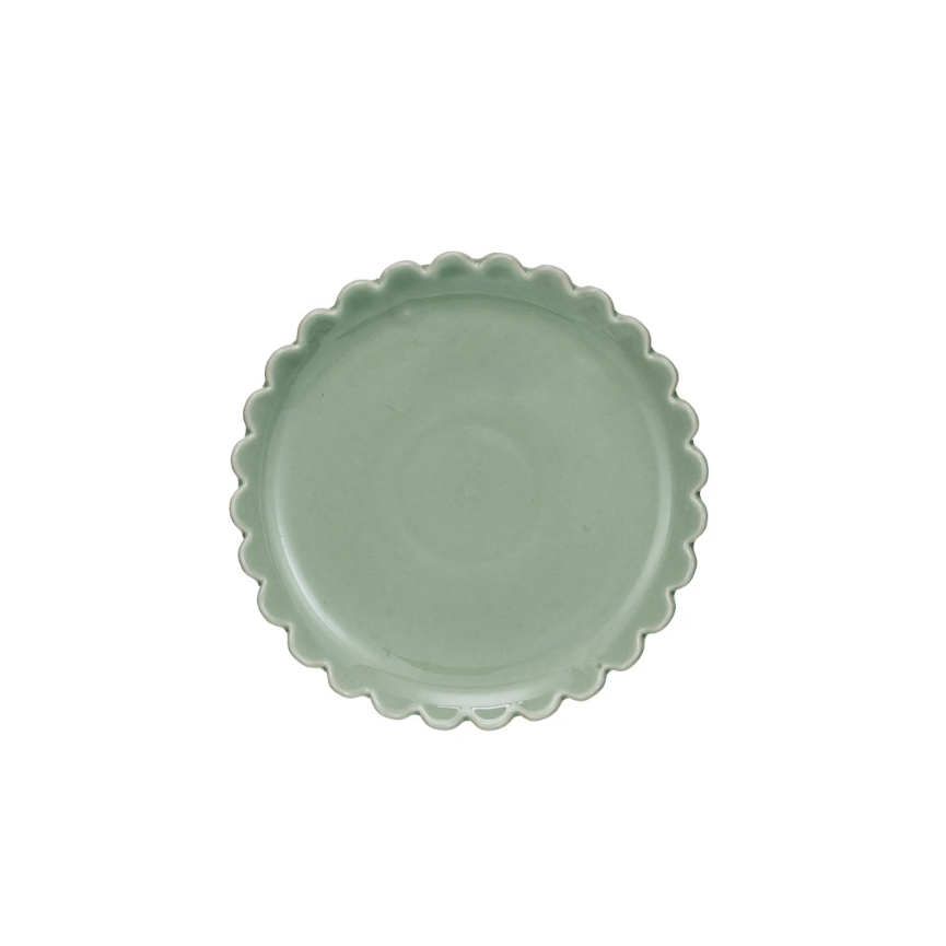 Add a touch of whimsy to your dining experience with our stoneware plate in green. The scalloped edge adds a playful twist to any meal. Made from durable stoneware, this plate is both functional and charming. Serve up your favorite dishes with style!&nbsp;8" Round