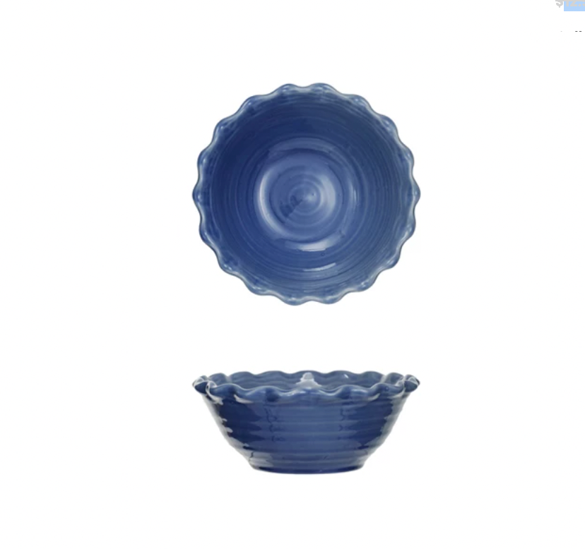 Add a touch of whimsy to your dining experience with this stoneware scalloped edge bowl in blue. The scalloped edge adds a playful twist to any meal. Made from durable stoneware, this bowl is both functional and charming. 10" Round x 4"H