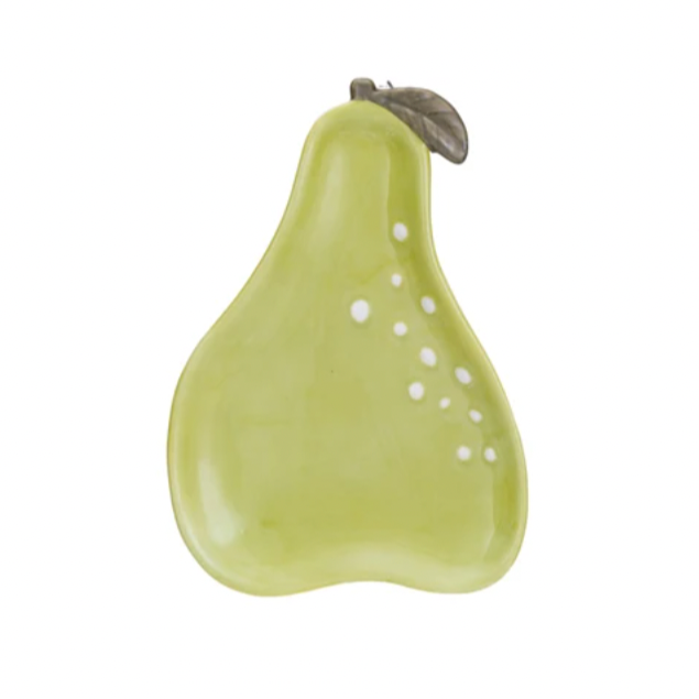 This unique and charming dish is shaped like a pear and embossed with a beautiful stoneware design. Perfect for serving fruits or as a fun decorative piece. Add a touch of whimsy to your kitchen or dining room with this pear-shaped dish. 6"L x 4"W