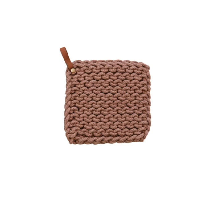 This square cotton crocheted pot holder with a leather loop is a cozy and rustic addition to the home or office kitchen. It features a square shape and a cotton crocheted design providing protection from hot pots and pans. The holder's leather loop allows easy storage and access. Made of high-quality cotton, it is soft, durable, and machine-washable. Measuring 8