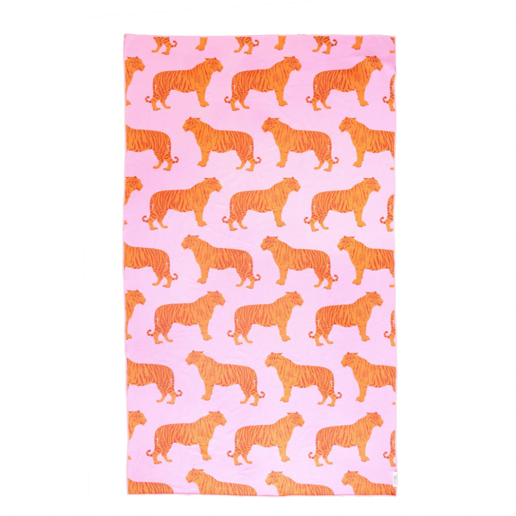 This towel is big on style and size, but small on space.&nbsp; Use the elastic band to keep it compact and take them anywhere you go. Tigers on one side pink flowers on the other