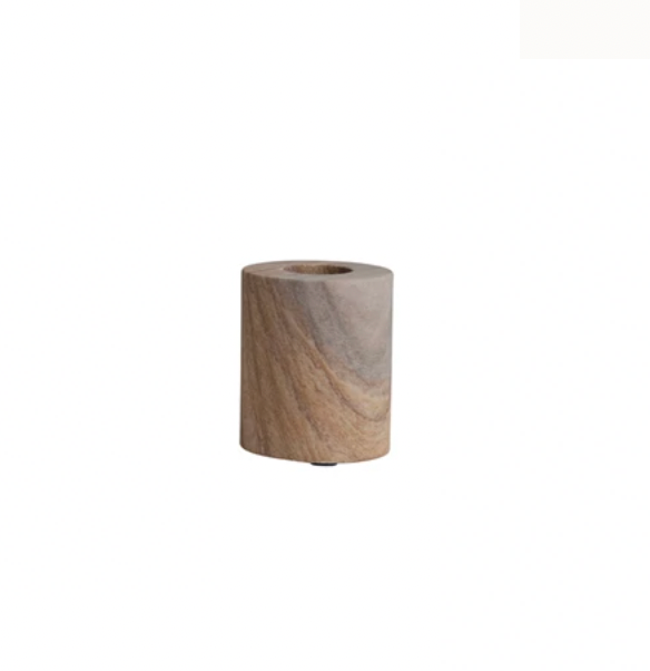 Enhance the home with this marble taper holder. This candle holder features a solid marble construction that has a smooth and polished surface. The marble material has natural color variations that range from white to grey hues, creating a unique and elegant look. This candle holder can hold standard wax or LED taper candles (not included) that create a cozy and romantic atmosphere.