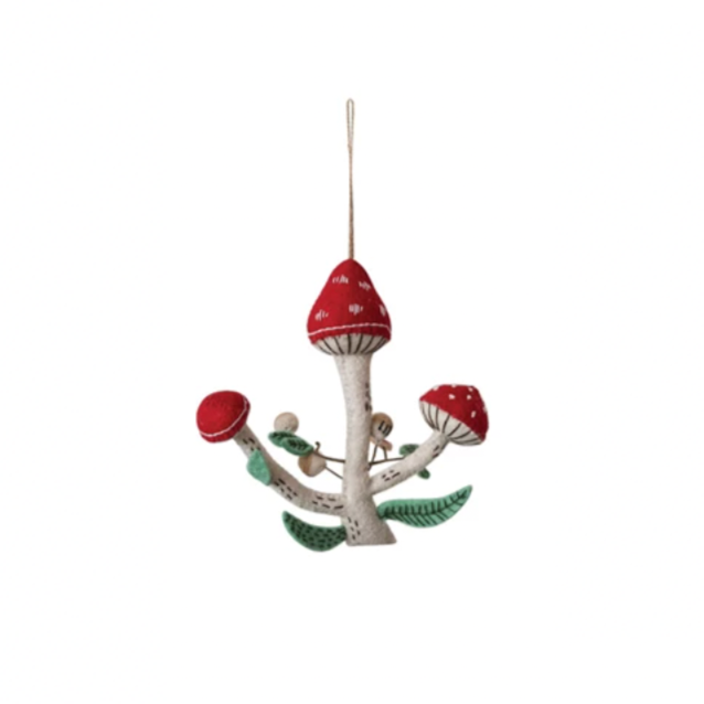 This handmade wool felt mushroom ornament set features three adorable and magical mushroom designs, each with their own applique and embroidery in multicolor and different styles. The ornaments are made of natural and organic wool, polyfill, jute, and have cute applique and embroidery that add detail and personality. Hang them on the tree, wreath, garland, or wall, or display them on a shelf or table, for a fairy or woodland themed decor.