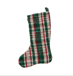 Add some festive flair to your fireplace with our Woven Cotton Blend Stocking in Cream, Green &amp; Red Plaid! Made with a comfortable cotton blend, this stocking is perfect for both hanging and stuffing with gifts. Bring some holiday cheer to your home with this unique and playful stocking!