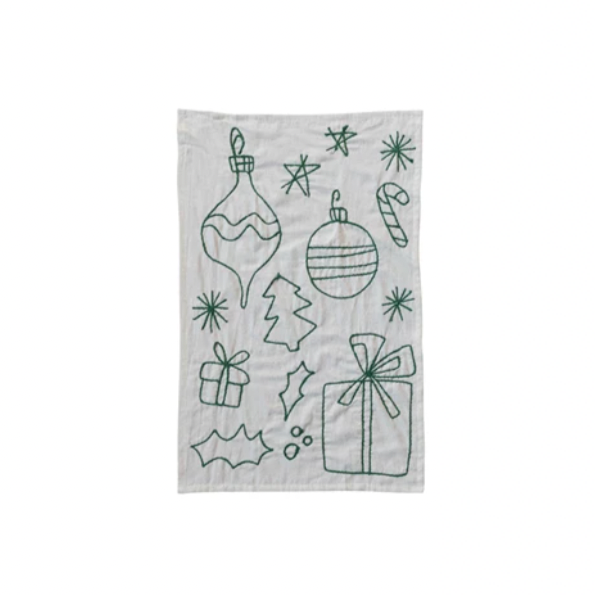 This woven cotton and linen tea towels features embroidered holiday icons adding a touch of festivity and elegance to the kitchen. The rectangle-shaped towels have a woven texture, giving them a natural and luxurious feel. The tea towels measure 28 inches in length and 18 inches in width, and are made of a blend of cotton and linen, making them soft and durable.