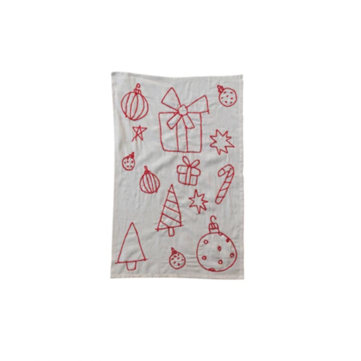 This woven cotton and linen tea towels features embroidered holiday icons adding a touch of festivity and elegance to the kitchen. The rectangle-shaped towels have a woven texture, giving them a natural and luxurious feel. The tea towels measure 28 inches in length and 18 inches in width, and are made of a blend of cotton and linen, making them soft and durable.