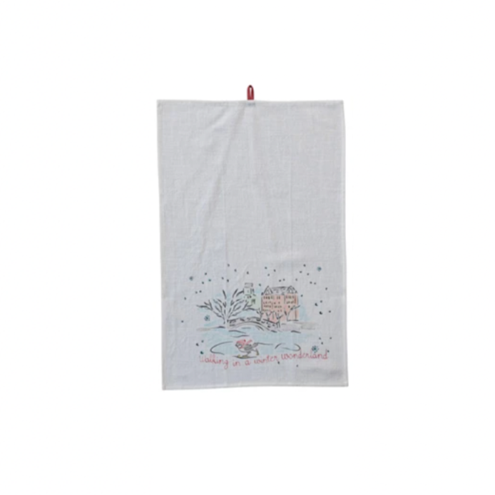 This cotton printed tea towel features a festive holiday scene in multicolor. The rectangle-shaped towels measure 28 inches in length and 18 inches in width, featuring various holiday and Christmas prints. The multicolored sayings and loops add color and humor to the kitchen. Made of pure cotton, these towels are soft and absorbent, making them suitable for drying dishes, wiping hands, wrapping treats, or serving as a fun napkin in events. They are a delightful way to add holiday spirit to the kitchen and m