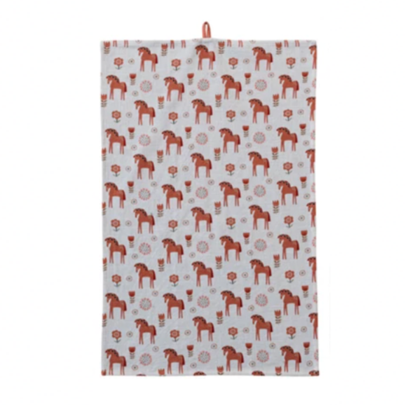 Cotton Printed Tea Towel - Folk Horses