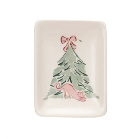 Cat with Christmas tree 4"L x 3"W Stoneware Dish