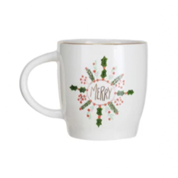 Get merry with this stoneware mug, featuring a gold electroplated rim. Perfect for adding a touch of elegance to your morning coffee or tea. Spread some holiday cheer with every sip!