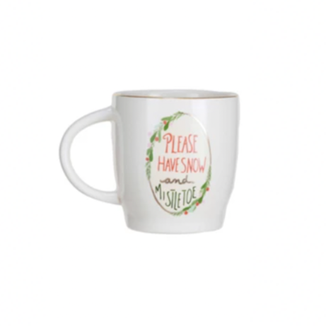 Sip in style with this quirky Stoneware Mug! Featuring a gold electroplated rim and a playful "Please Have Snow &amp; Mistletoe" message, this mug adds a touch of humor to your morning routine. Perfect for the holiday season, it's sure to make you smile (and maybe even laugh) with every sip. Cheers to a fun and festive cup of coffee!