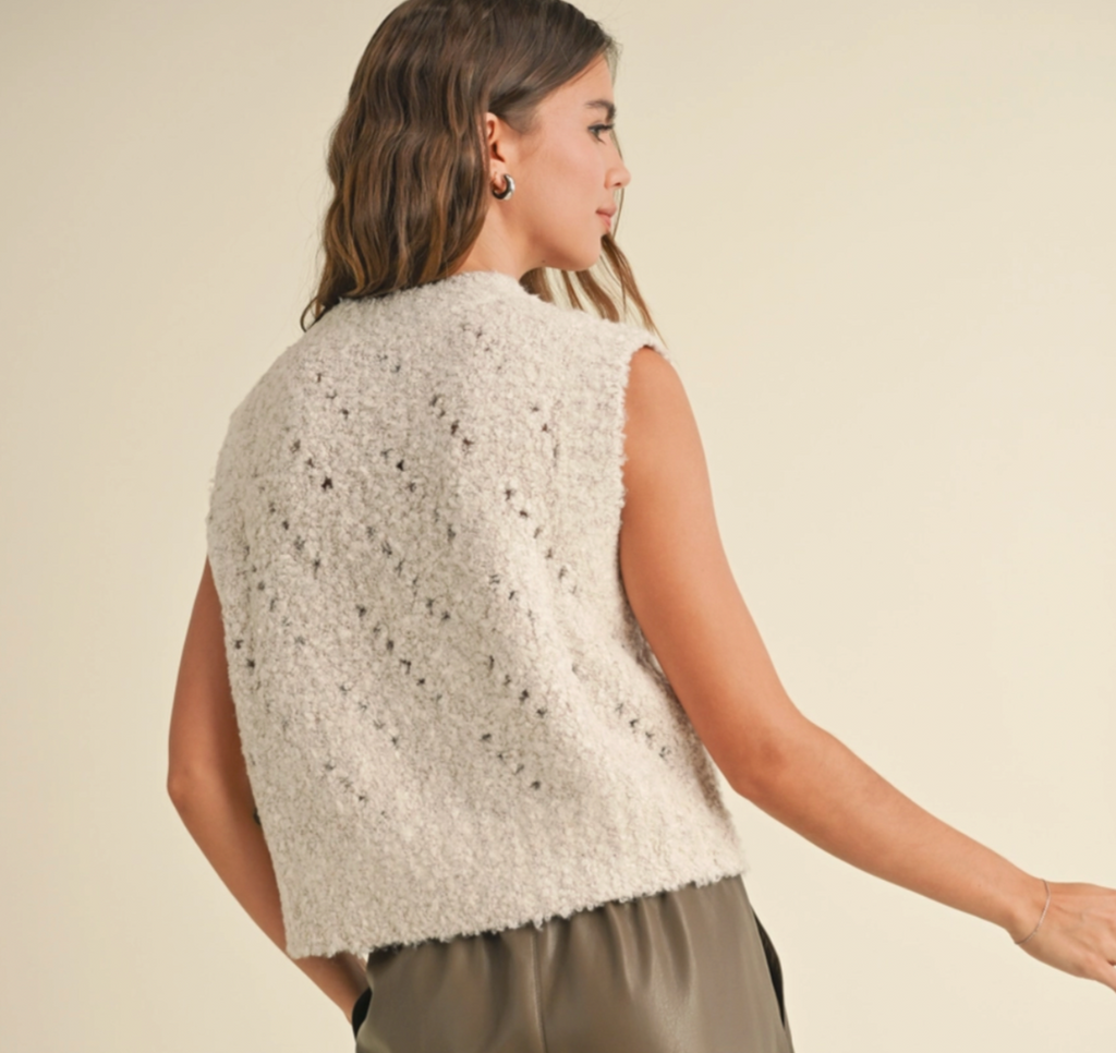 Spice up your wardrobe with our Knitted Vest with Curly Threads, perfect for adding a touch of fun to any outfit. The curly threads add a unique twist to this classic vest, making it a must-have for any fashion-forward individual. Stay cozy and stylish with this playful piece.