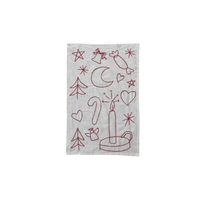 This woven cotton and linen tea towels features embroidered holiday icons adding a touch of festivity and elegance to the kitchen. The rectangle-shaped towels have a woven texture, giving them a natural and luxurious feel. The tea towels measure 28 inches in length and 18 inches in width, and are made of a blend of cotton and linen, making them soft and durable.