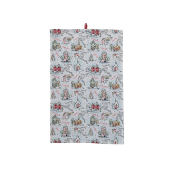 This cotton printed tea towel features a festive holiday scene in multicolor. The rectangle-shaped towels measure 28 inches in length and 18 inches in width, featuring various holiday and Christmas prints. The multicolored sayings and loops add color and humor to the kitchen. Made of pure cotton, these towels are soft and absorbent, making them suitable for drying dishes, wiping hands, wrapping treats, or serving as a fun napkin in events. They are a delightful way to add holiday spirit to the kitchen and m