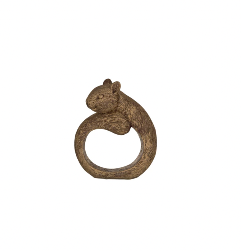 Tie your table setting together with these charming Resin Animal Napkin Rings! Featuring an antique gold finish, these rings add a touch of whimsy to any dining experience. Let these Squirrel rings be the finishing touch to your next dinner party.