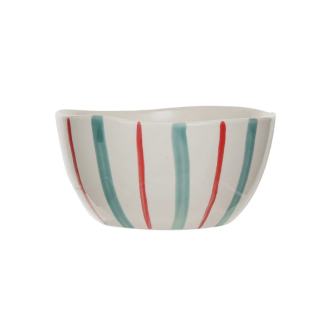 Aqua & Red Striped stoneware bowl