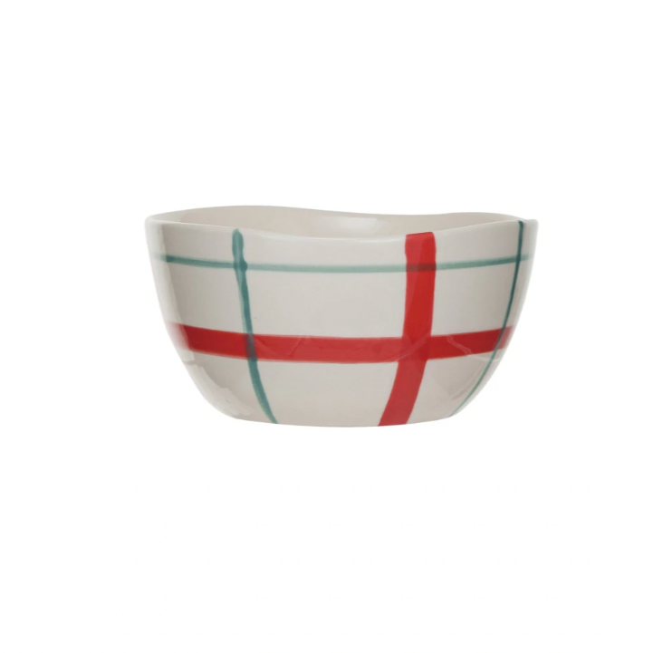 Aqua & Red Plaid stoneware bowl