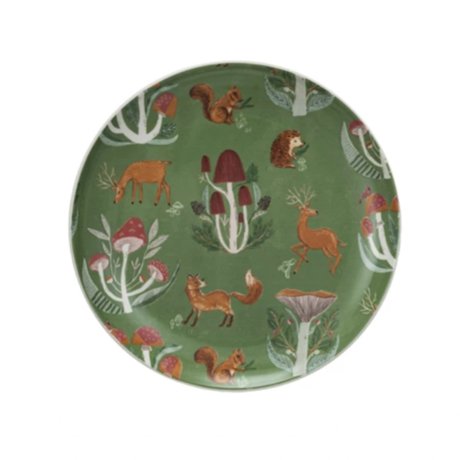 Green plate with woodland animals & mushrooms