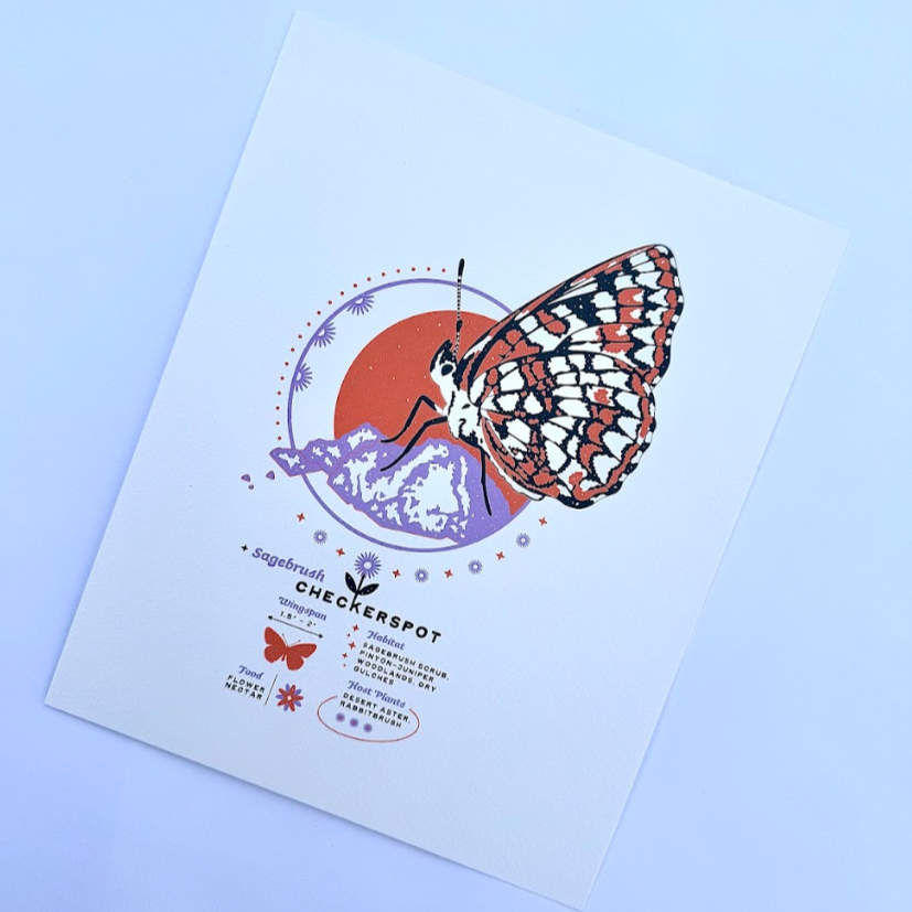 orange and purple butterfly print, reading "Sagebrush Checkerspot". Along with the wingspan, habitat, and butterfly facts