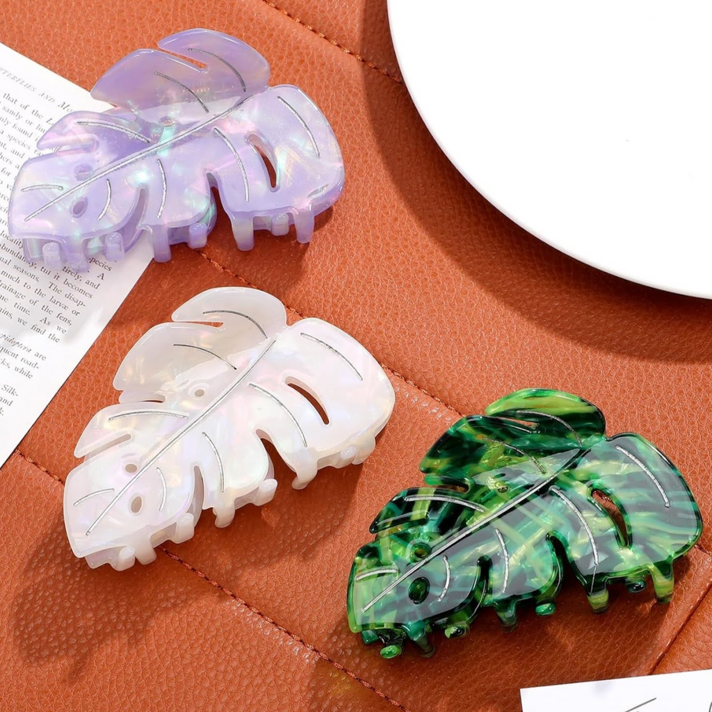 lavender, white, and green jungle leaf hair clips