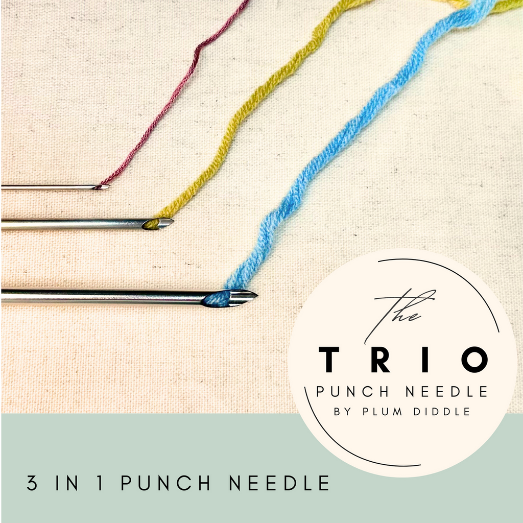 3 different sized punch needles reading "The Trio Punch Needle By Plum Diddle" and "3 in 1 punch needle"