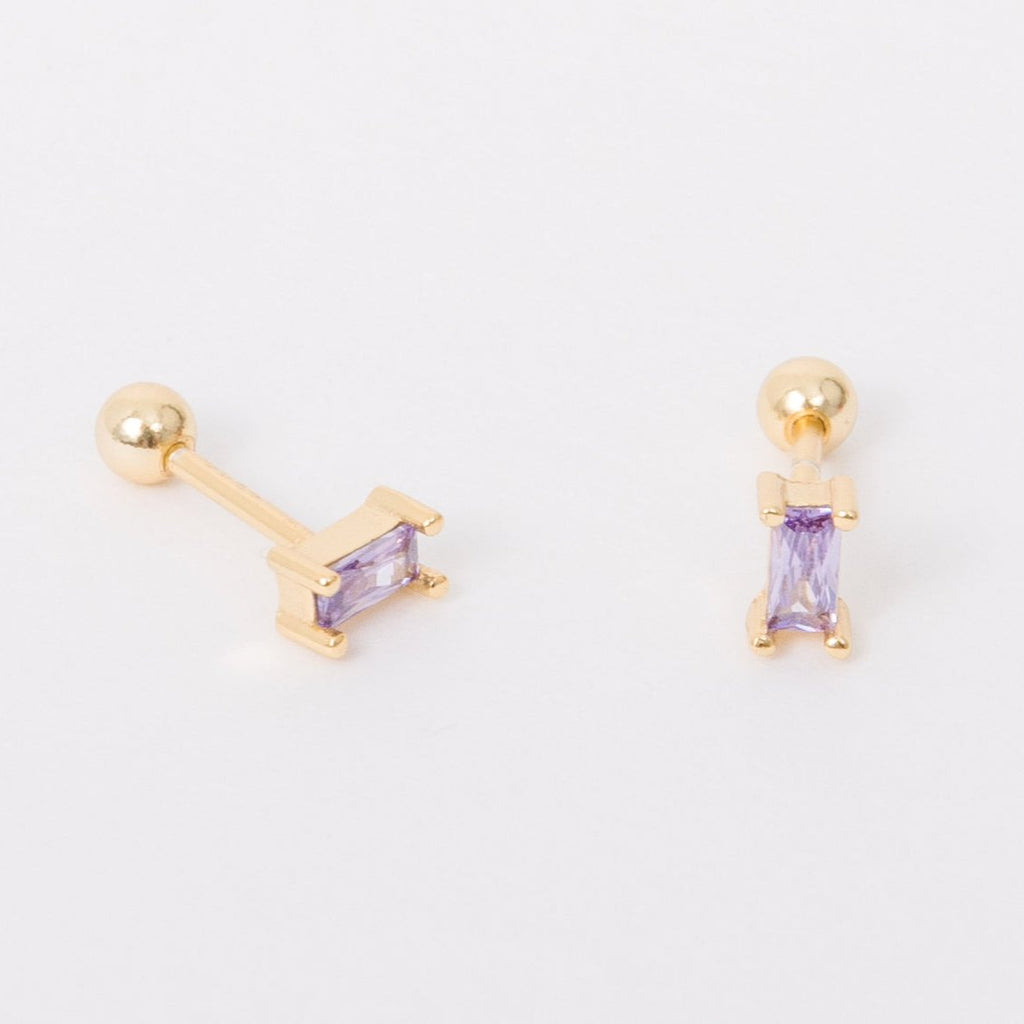 light purple baguette cut cubic zirconia on gold filled stud