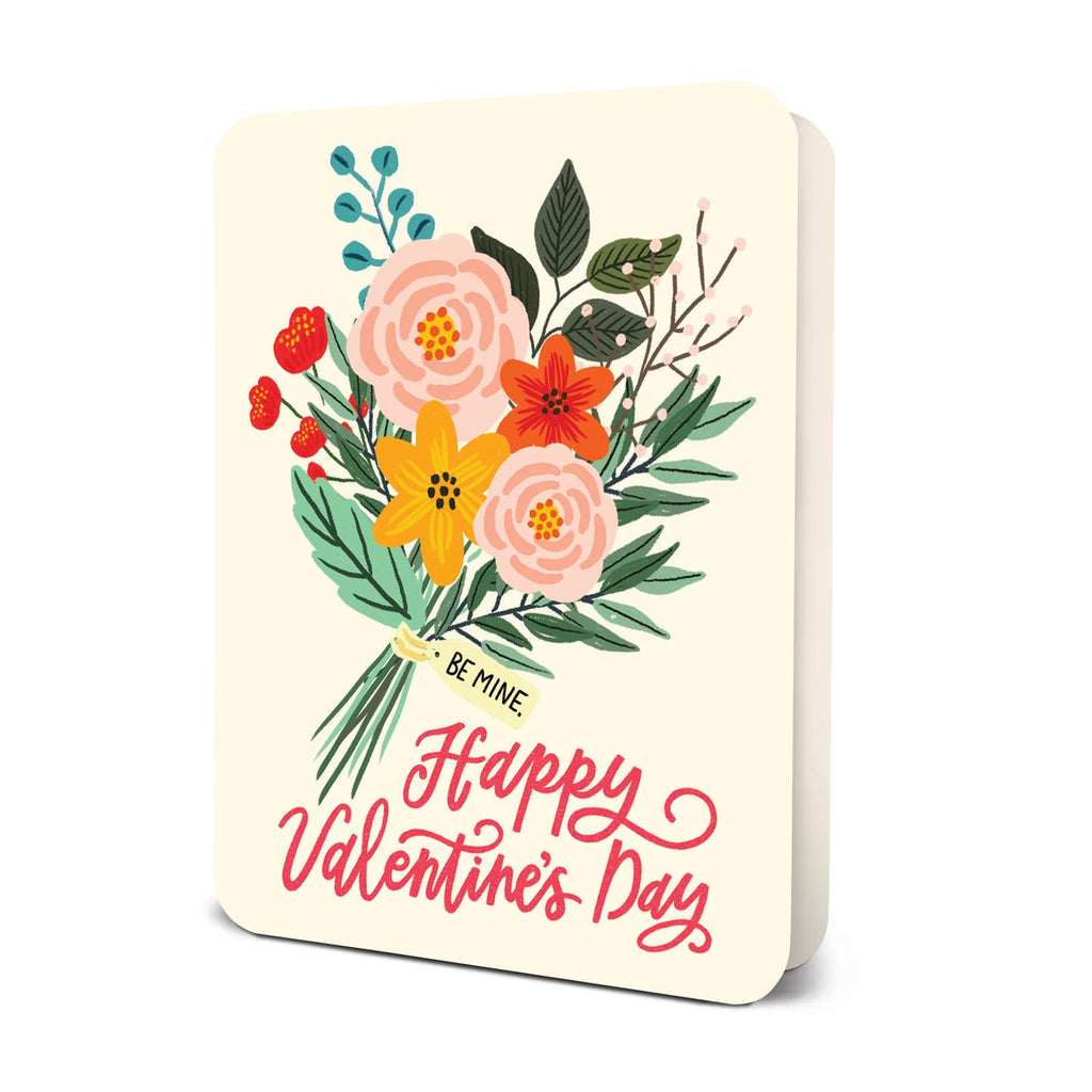 Valentine greeting card with bouquet of flowers on front.