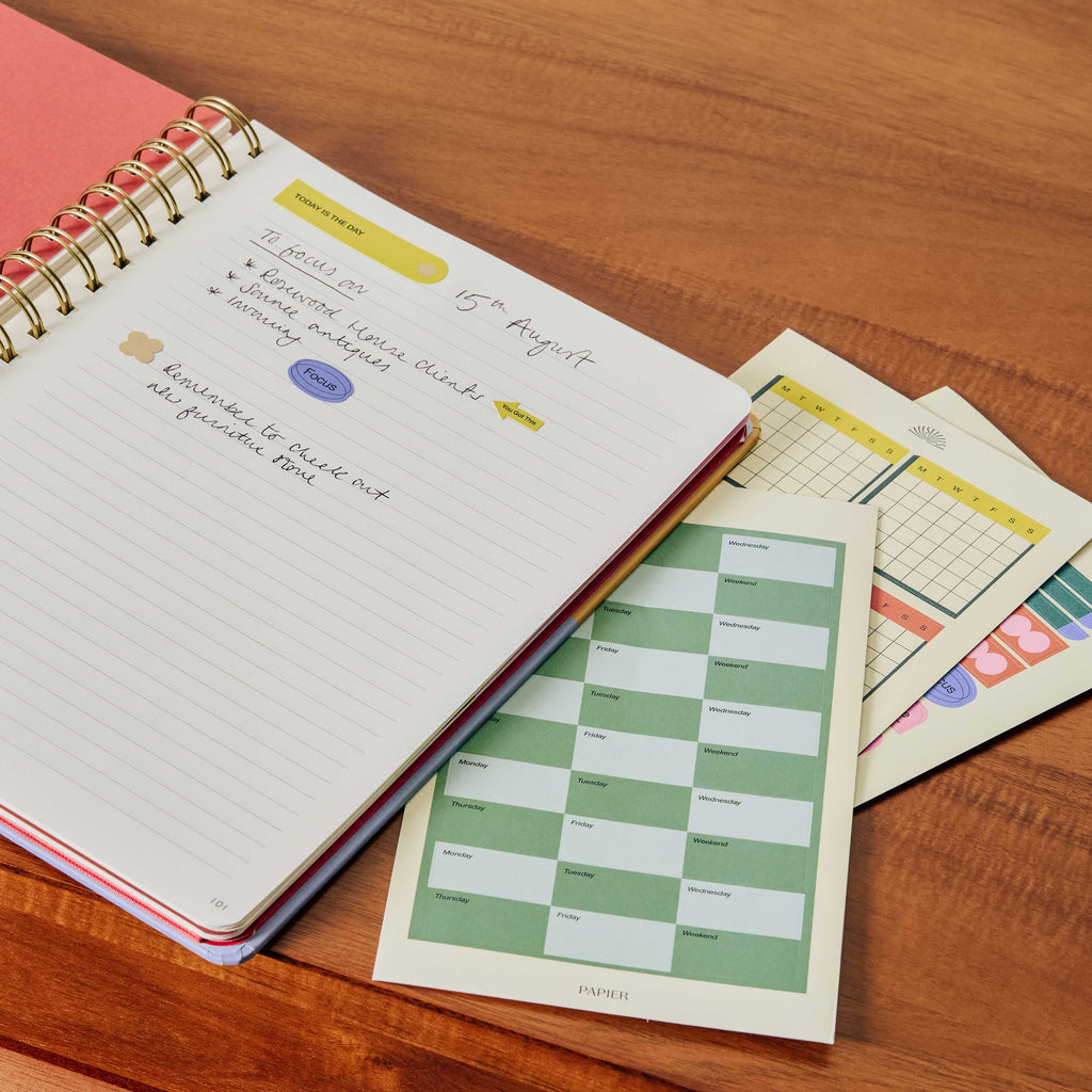 Brighten your organization with Papier's productivity sticker set. Includes 20 sheets of illuminated lists containing to-dos, priorities, goals, shopping and more. Stick and tick with ease, alleviating the daily pressures of planning.