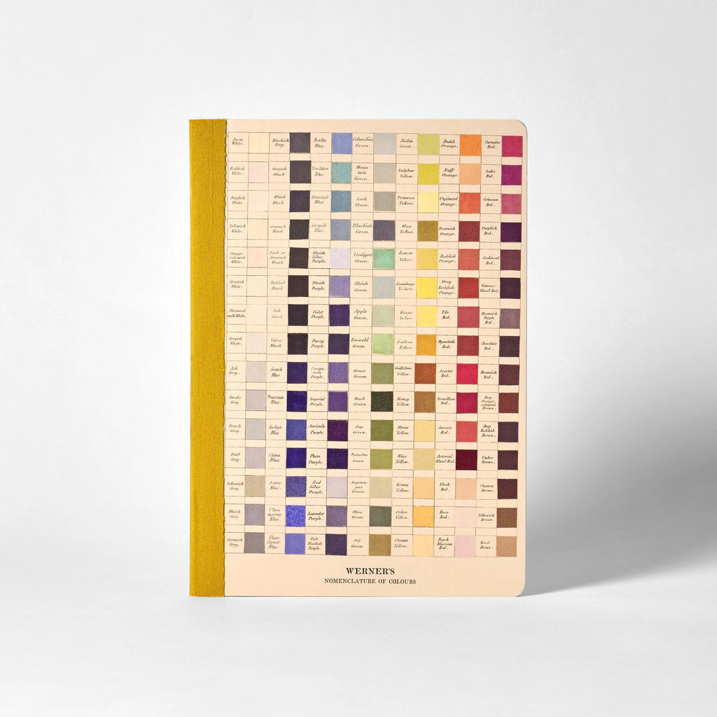 This 64 page lined notebook is the ideal companion for jotting down notes, thoughts, and ideas. The cover design captures the historial charm of Werner's Nomenclature of Colours, used by pioneers like Charles Darwin to categorise colours through nature's inspiration. Roomytown's design team in Bath, UK, have curated the design using an adaptation of colour swatches published by P. Syme in 1821. The notebook is finished with a coloured fabric spine for an added touch of sophistication.