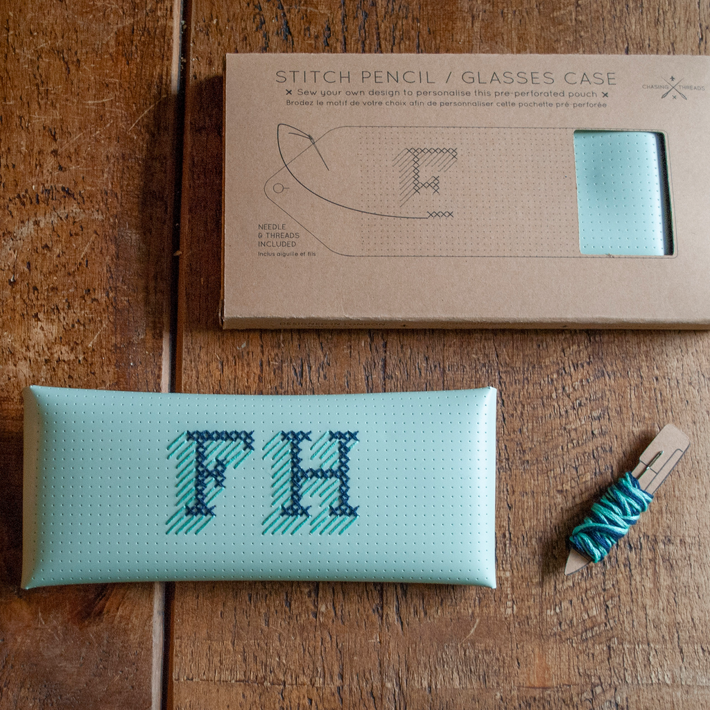 Stitch your own way - this envelope pocket is ideal as a pencil or glasses case and allows you to sew any unique design. Whether you stitch initials, a slogan or the sunglasses template included, it opens out fully for easy stitching. It also opens 2 ways, so it can open from the side or from the top - just pop the metal buttons to fold up whichever way you prefer. The Mint pouch comes with teal & navy thread &amp; needle wrapped on our pen thread-board. It includes our 3D alphabet template to add initial